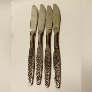 4 Vintage Japan Dinner Knives Stainless Steel Rose Pattern Replacements Rare